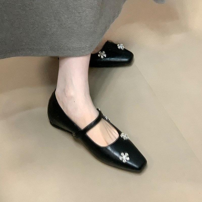 Fashion New Rhinestone Flower Slip with Square Toe Shallow Mouth Soft Sole Non-slip Low Heel Single