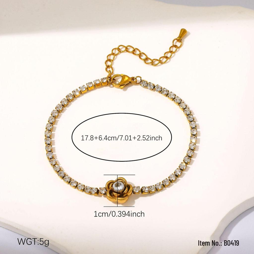High-End Rhinestone-Inlaid Geometric Flower Bracelet: Japanese & Korean Inspired Stainless Steel Jewelry