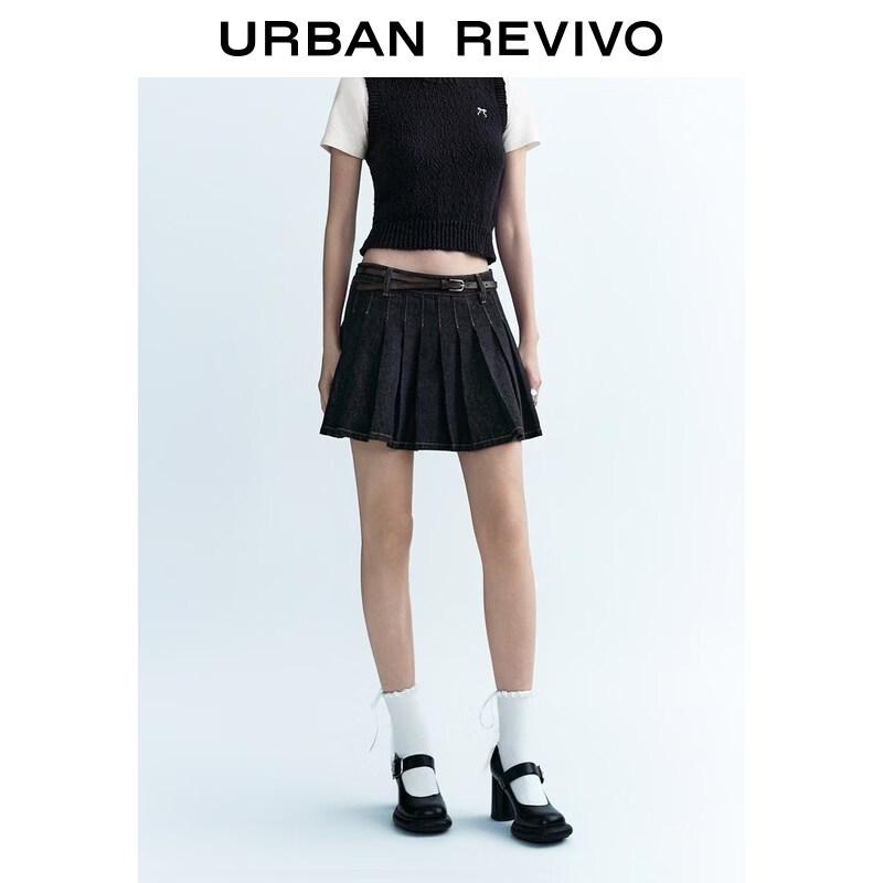 

UR2026 Pleated Color-Block Stitch Denim Mini Skirt M