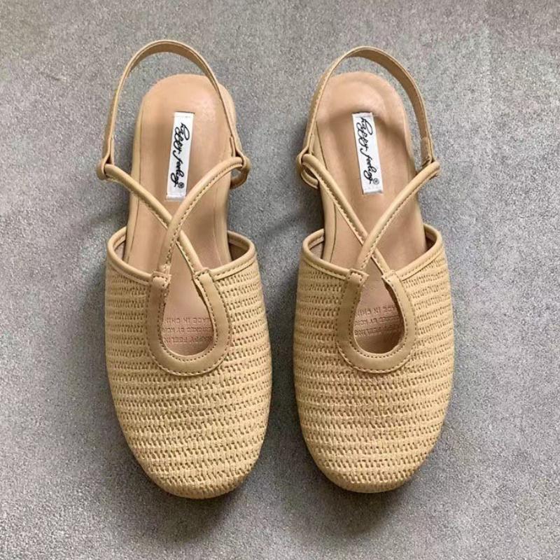 

Fashion Handmade Weaving Design Brand Flat Sandals Women Fashion Round Toe Back Strap Casual Shoes Summer Comfort Vacation Beach Sandals 35 абрикосовый