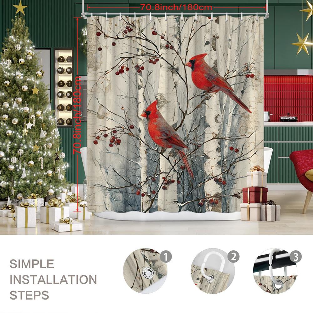 Aesthetic Woodland Cardinal Forest Shower Curtain Polyester Bathroom Decor Nature Wildlife Print Curtain