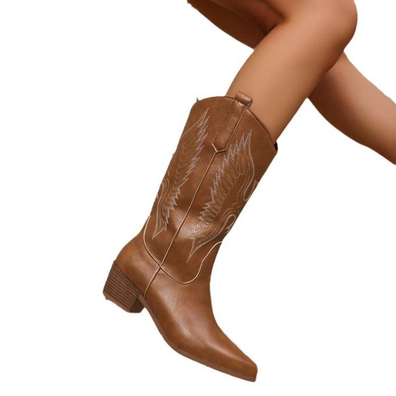 Large-size Embroidered V-mouth Knight Boots Square Heel Pointed Toe Mid-Calf Women's Boots Black White Brown Fashion Women Shoes