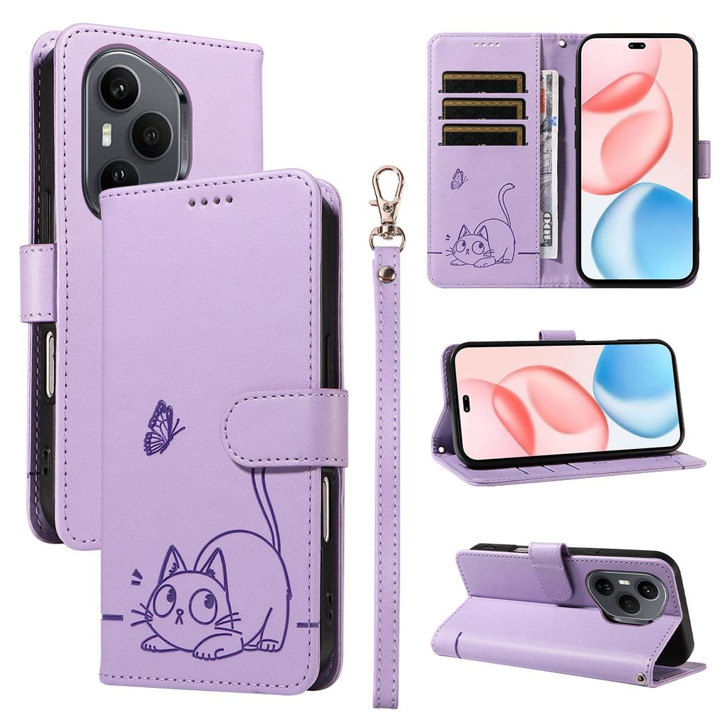 For Honor 400 Pro 5G (Global) Case Cat Pattern Imprint Leather Phone Cover with Wrist Strap