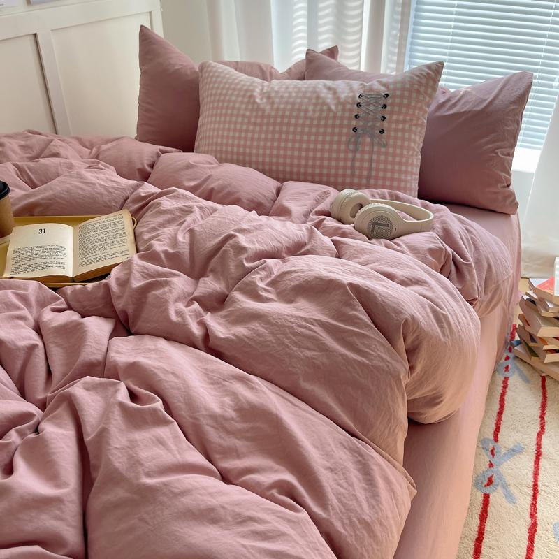 Solid INS Style Bedding Set For Adults Kids Pink Cotton Fitted Flat Sheet With Pillowcases Colorful King Queen Full Size