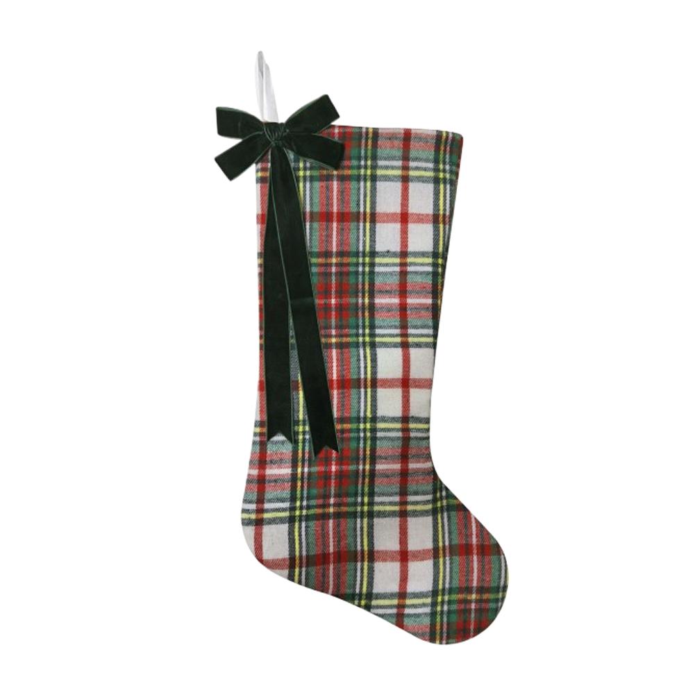 

4-Pack Rustic Plaid Christmas Stockings With Bow & Pom-Pom Holiday Fireplace Mantel Decor Candy Bags Farmhouse Home Decoration
