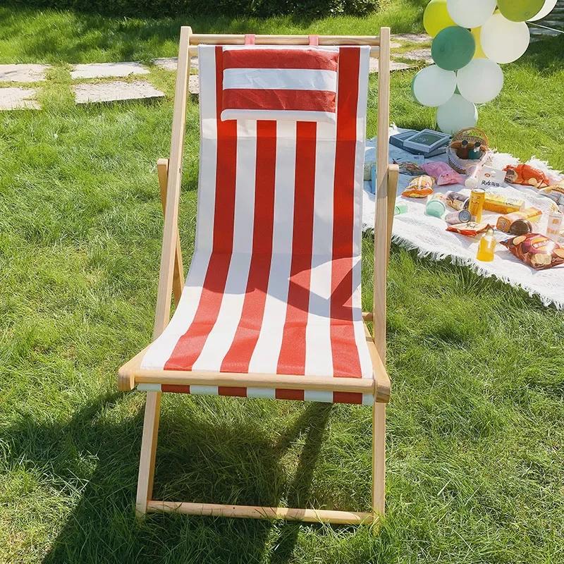 Outdoor Minimalist Beach Chair Modern Luxury Design Wooden Foldable Lounge Oxford Cloth Portable Comfortable Leisure Furniture