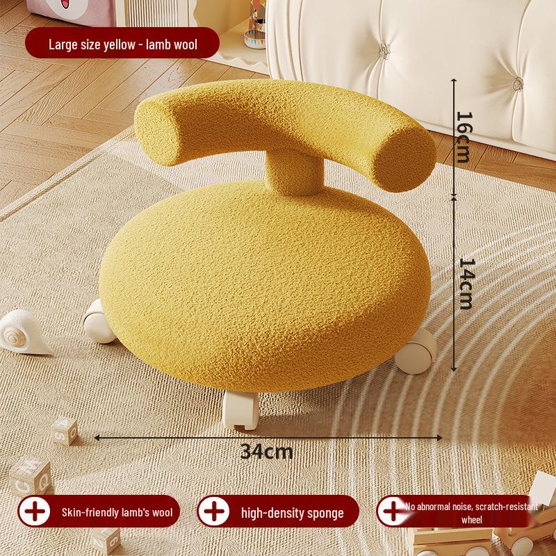 Cream Low Stool with Backrest and Universal Wheels - Ideal for Home, Grout, and Children's Use, Silent Sliding Design