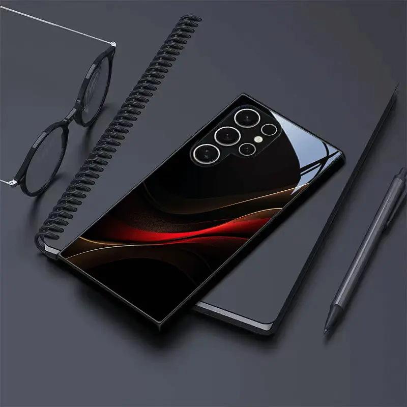 Einfache und hochwertige schwarze gehärtete Glas-Handyhülle geeignet für Samsung Galaxy S26 S25 S24 S22 S21 S20 FE/Ultra/Plus sturzsicher
