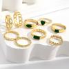Retro Imitation Emerald Love Ring, Creative Peach Heart with Diamond Hollow Chain Ring Nine-piece Set for Women