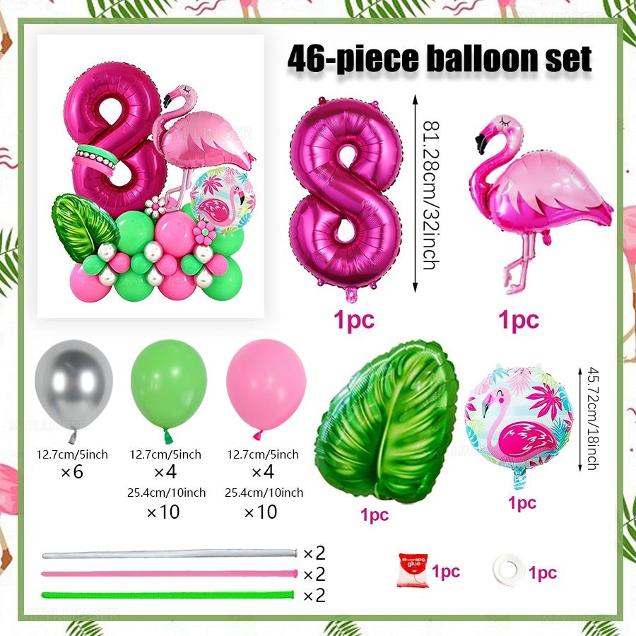46pcs Flamingo Hawaii Theme Balloon Set Rose Red Digital Balloon 0-9 Leaf Balloon for Birthday Party Anniversary Decoration
