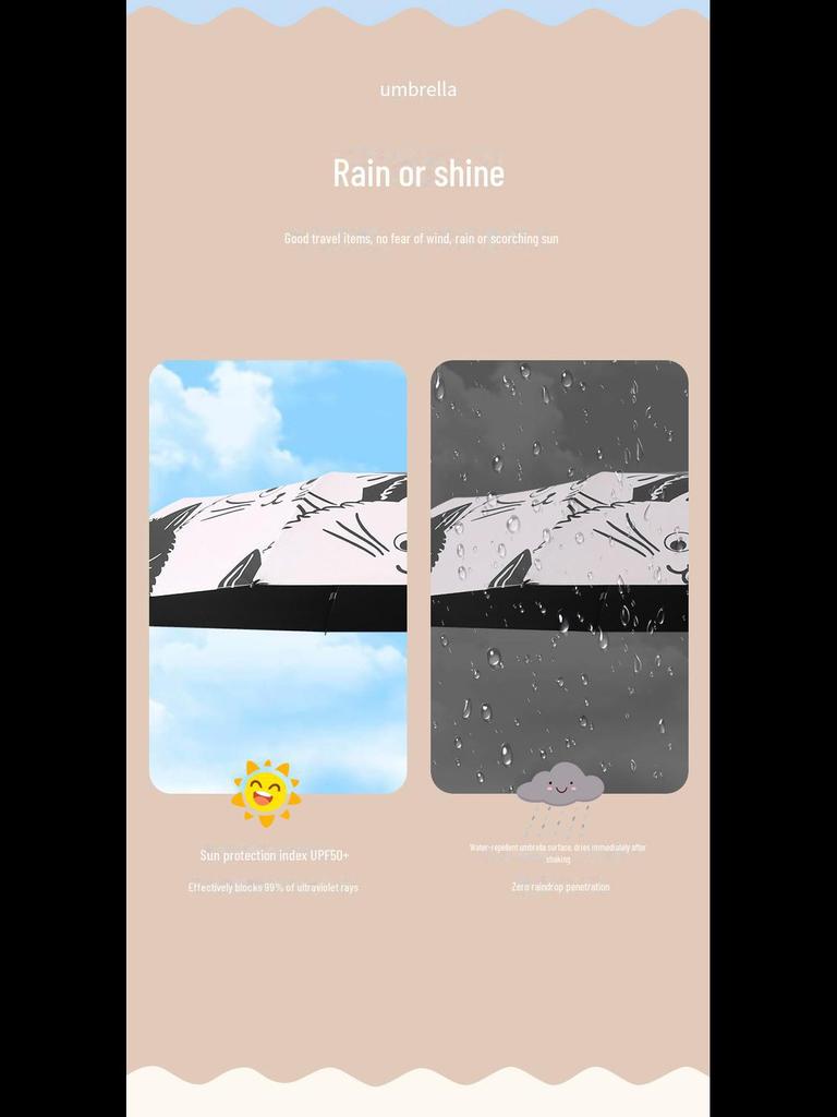 8-ribbers automatisk katteparaply: Svart og hvit vinyl med søtt tegneseriemønster for solfylte og regnværsdager