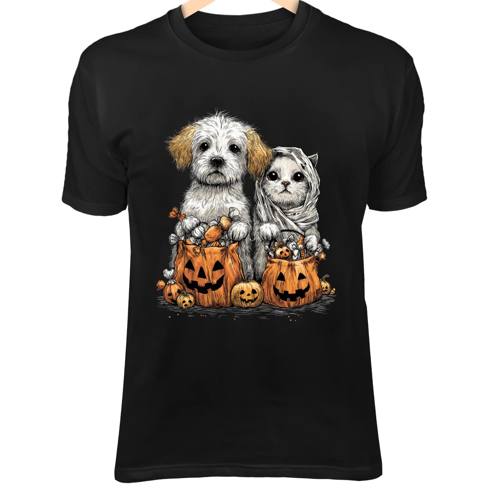 Halloween Dog & Cat Line Art - Cute Minimalist Cartoon with Candy Bags & Pumpkin 2XL