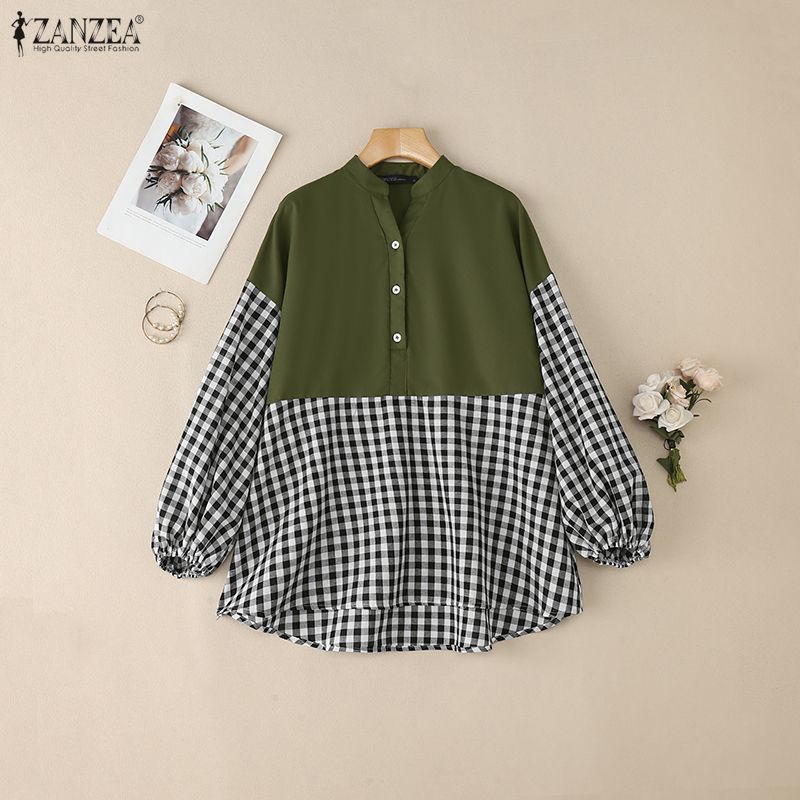 ZANZEA Women Plaid Print Splice Long Sleeve Loose Casual Blouse
