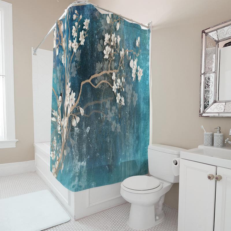 Vintage Blue Bath Curtain with Flowers Print for Modern Bathroom Decor Polyester Shower Curtains Set In Various Sizes