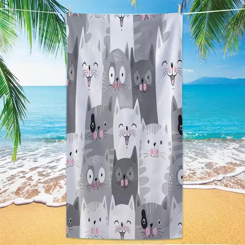 Serviette de plage motif chat dessin animé mignon Impression minimaliste de chaton animal Absorbante Séchage rapide Serviette douce pour plage piscine vacances W30*H60(CM)