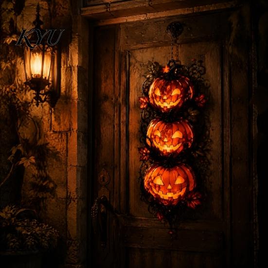 Spooky Theme House Decor Halloween Triple Stacked Jack-o'-Lantern Door Hanger, 2D Pumpkin Wall Hanging Ornament, Souvenir Party Favors Fall Porch for