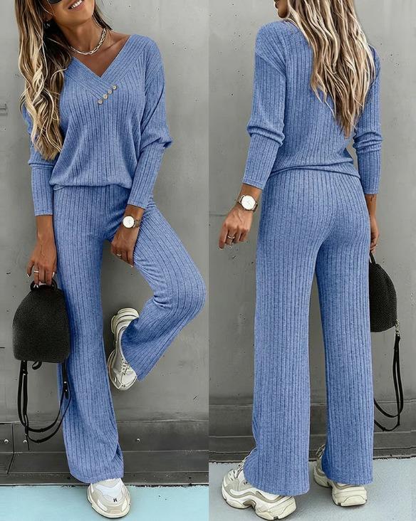 Spot 1116 autumn and winter new European and American fashion solid color casual long sleeves and trousers two-piece set for women