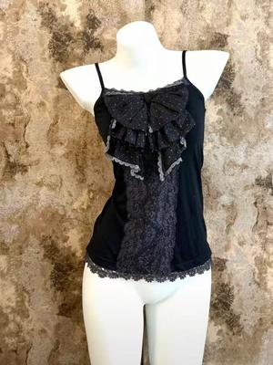 Summer France Bow Vintage Slim Sling Tops Women Casual Sweet Sleeveless Off Shoulder Vest Hot Girl Y2k Patchwork Lace Sexy Top