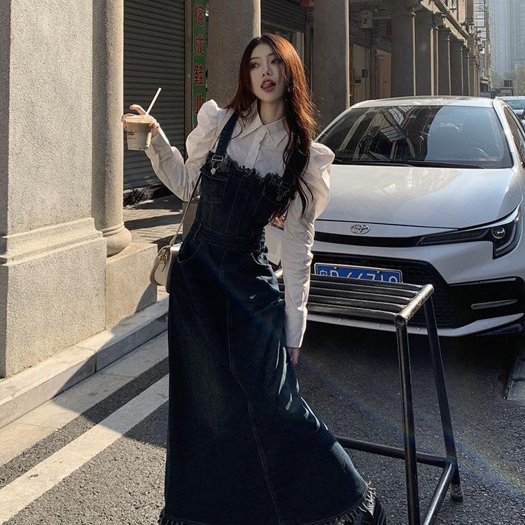 Korean Retro Slimming Denim Dress & Shirt Set for Women