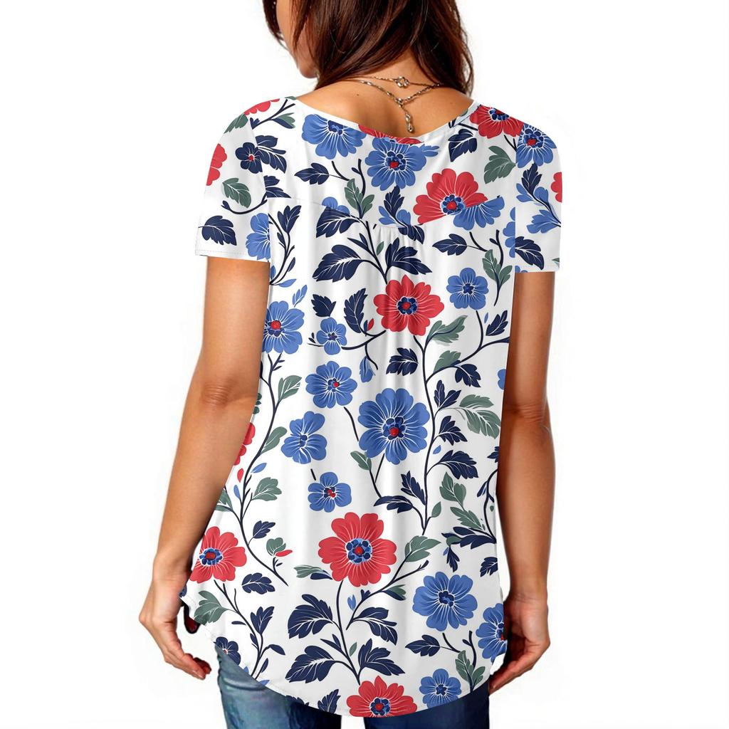 Women Tunic Tops Dressy Casual Summer Short Sleeve Shirts Loose Fit Pleated Boho Top Independence Day
