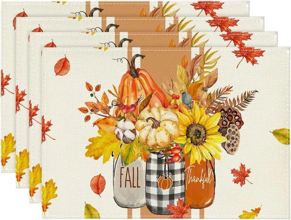 Fall Thanksgiving Table Mats Set of 4 Fall Pumpkin Maple Leaves Buffalo Plaid Placemats Seasonal Holiday Thanksgiving Placemats