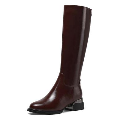 Krazing Pot Cow Leather Autumn Winter Shoes Thick Med Heels Big Size 45 Size 44 Size 46 Women Keep Warm Knee Boots