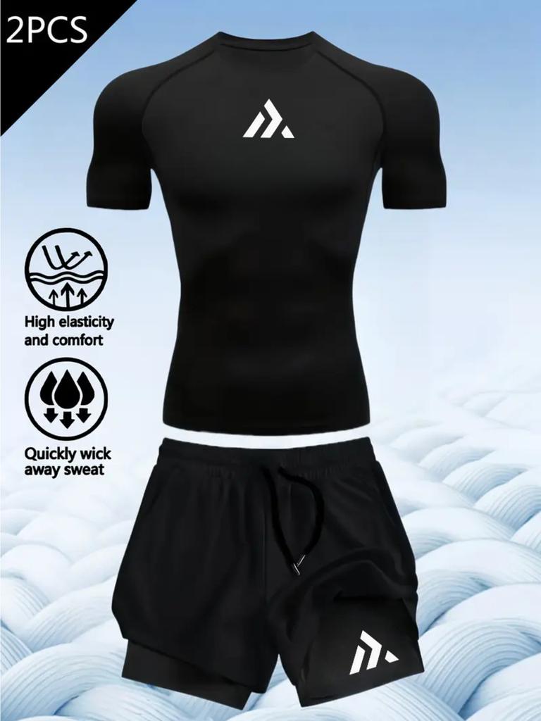 2D printed T-shirt men's summer two-piece sportswear running T-shirt elastic quick-drying sports top sports fitness shirt men's