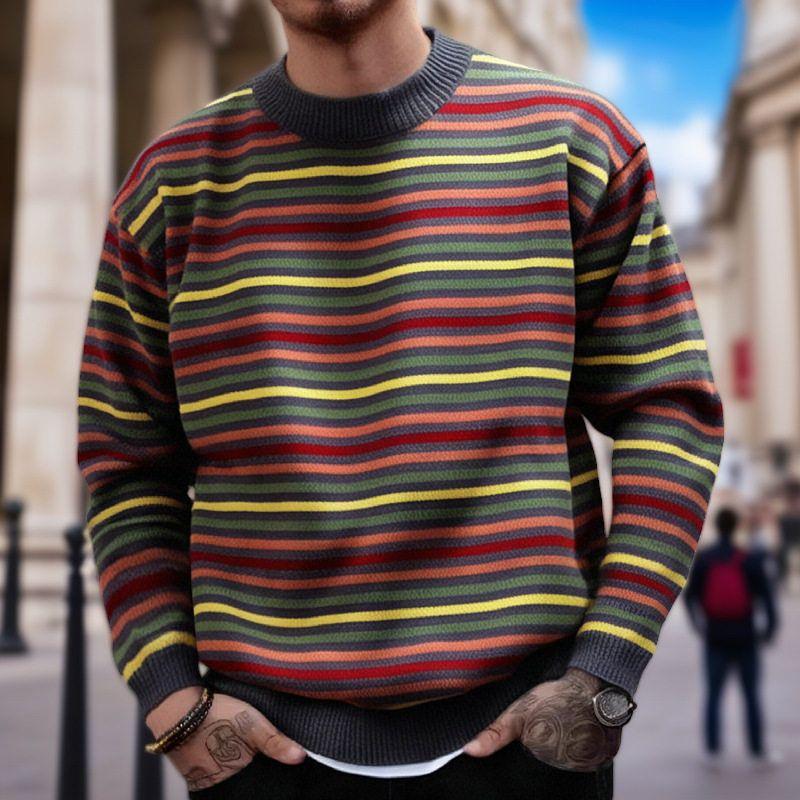 

Cross-Border Independent Brand Men s Clothing Rainbow Striped Knit Sweater Autumn and Winter Round Neck Thick Pullover Sweater Sy0206 Stripes 3XL
