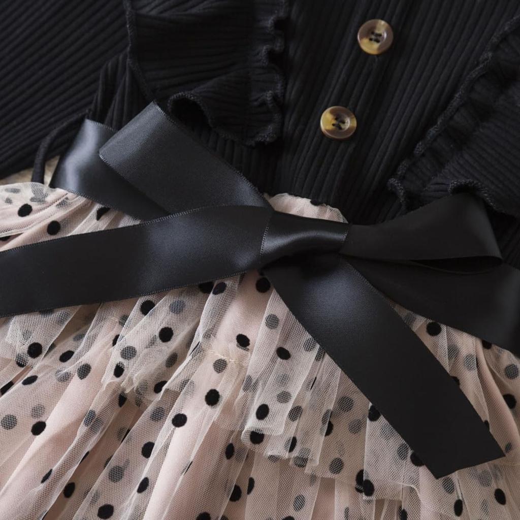 Dívčí Móda Roztomilé Šaty Princezny s Mašlí s Dlouhým Rukávem Puntíkované Síťované Dortové Šaty Šaty