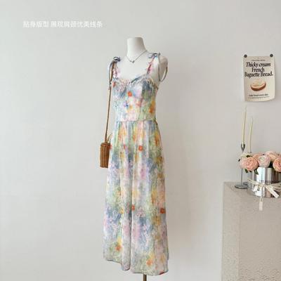 Schönes Trägerkleid Strandurlaub Stil Lässig Damen Verschmiert Floral Langes Rockkleid Damen Sommer Super Gutaussehend Französisch