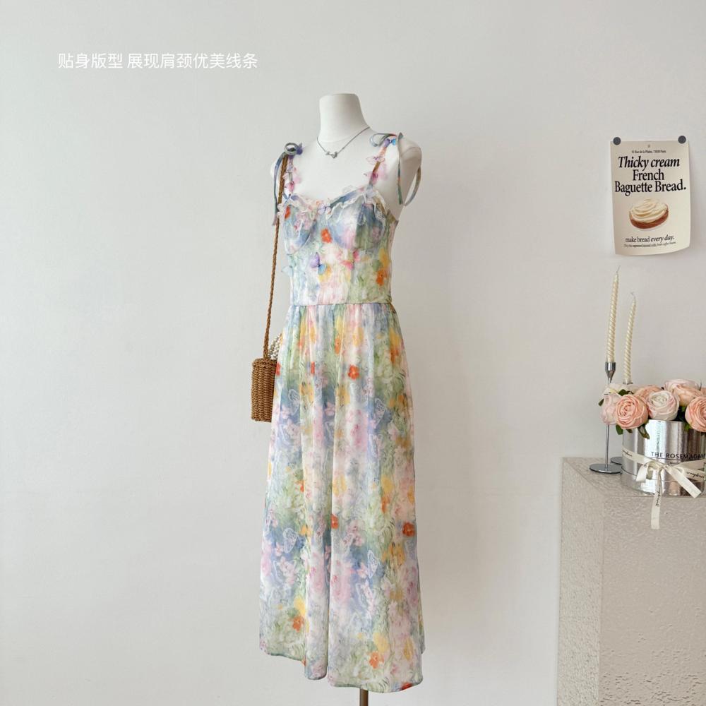 

Красивая юбка на подтяжках, пляжный стиль для отпуска, повседневная женская длинная юбка-платье с размытым цветочным принтом, женская летняя, супер красивая, французская XL- (recommended 110-60kg)