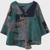 2022 Summer V-Neck Asymmetrical Cotton Linen Shirt - Printed, Plus Size, Mid-Length Sleeves, Retro Women's Fashion