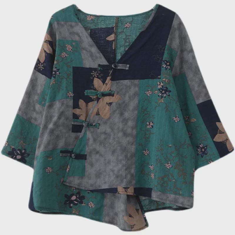 2022 Summer V-Neck Asymmetrical Cotton Linen Shirt - Printed, Plus Size, Mid-Length Sleeves, Retro Women's Fashion