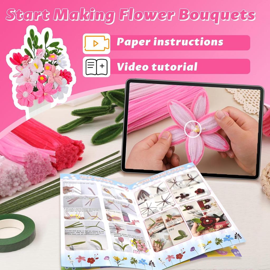 Pipe Cleaner Flowers Craft Kit, 7 Colors Pipe Cleaners Craft Flower Making Kit, Chenille Stems Pipe Cleaners Kit with Tutorial