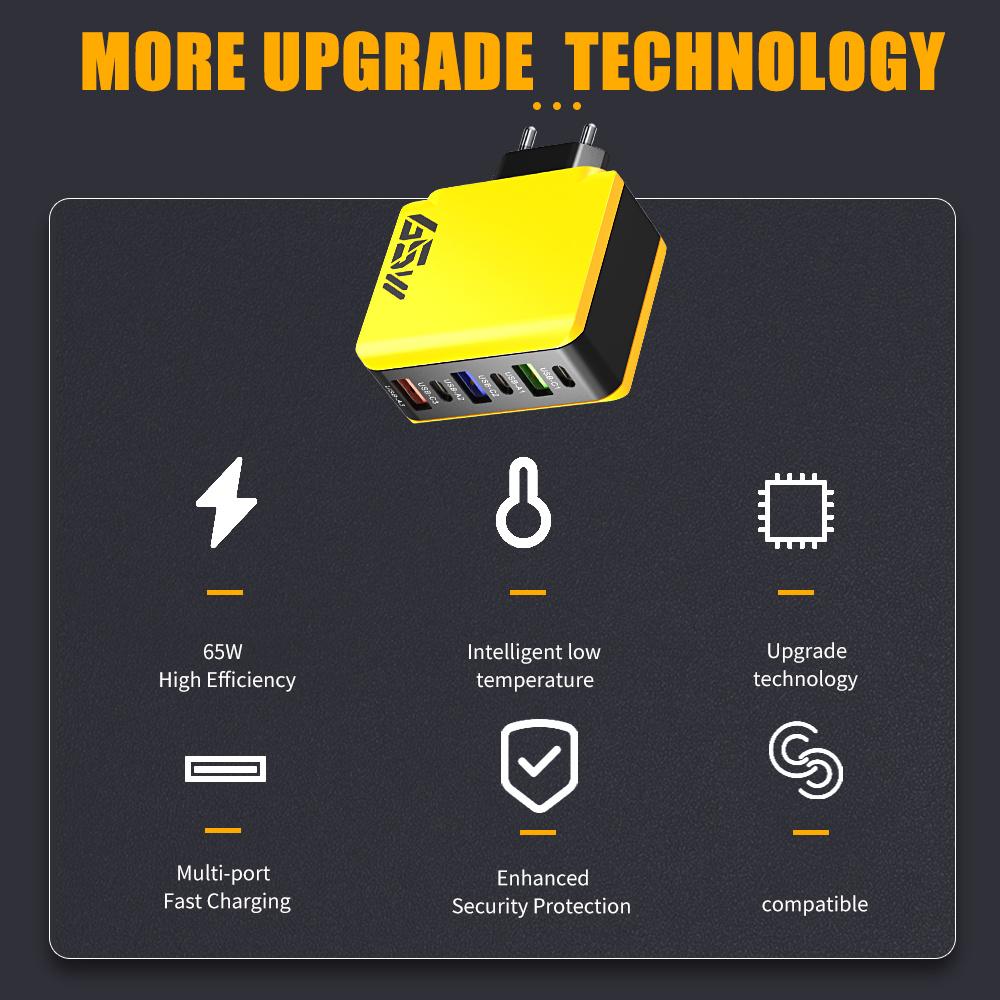 65W Multiport USB Charger Type C Fast Charging Phone Charger Adapter for IPhone Samsung Xiaomi Huawei EU/US/UK Plug Wall Charger