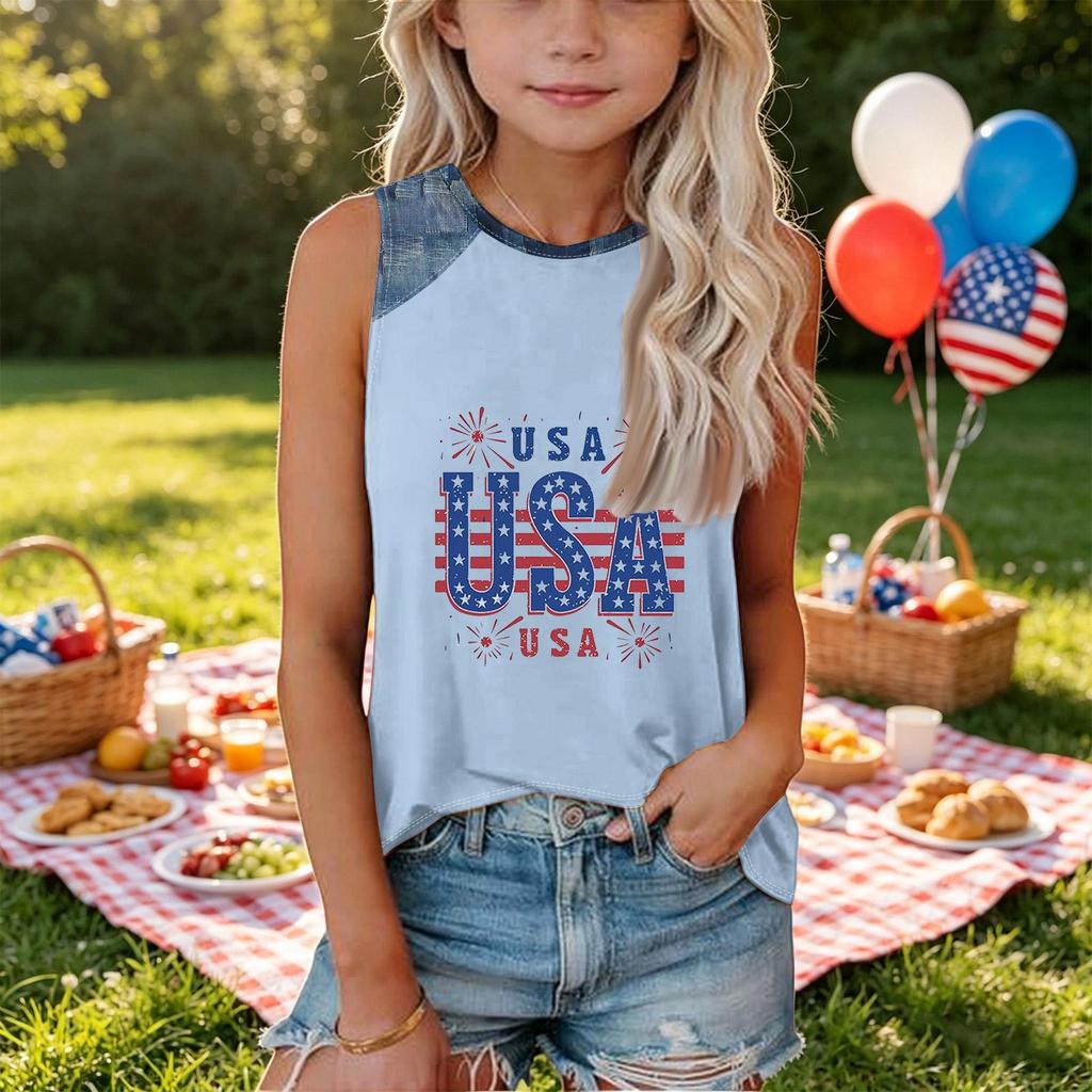 Girls Sleeveless Loose Fit Tank Top Independence Day Firework Print Round Neck Denim Patchwork T Shirt Summer Casual Tee