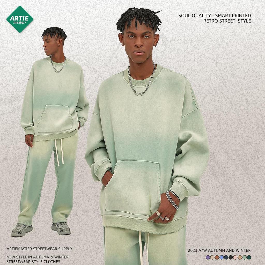 ARTIE Men's 2023 Autumn/Winter Distressed Sweatshirt - 360g Spray-Dyed, Worn & Washed Round Neck