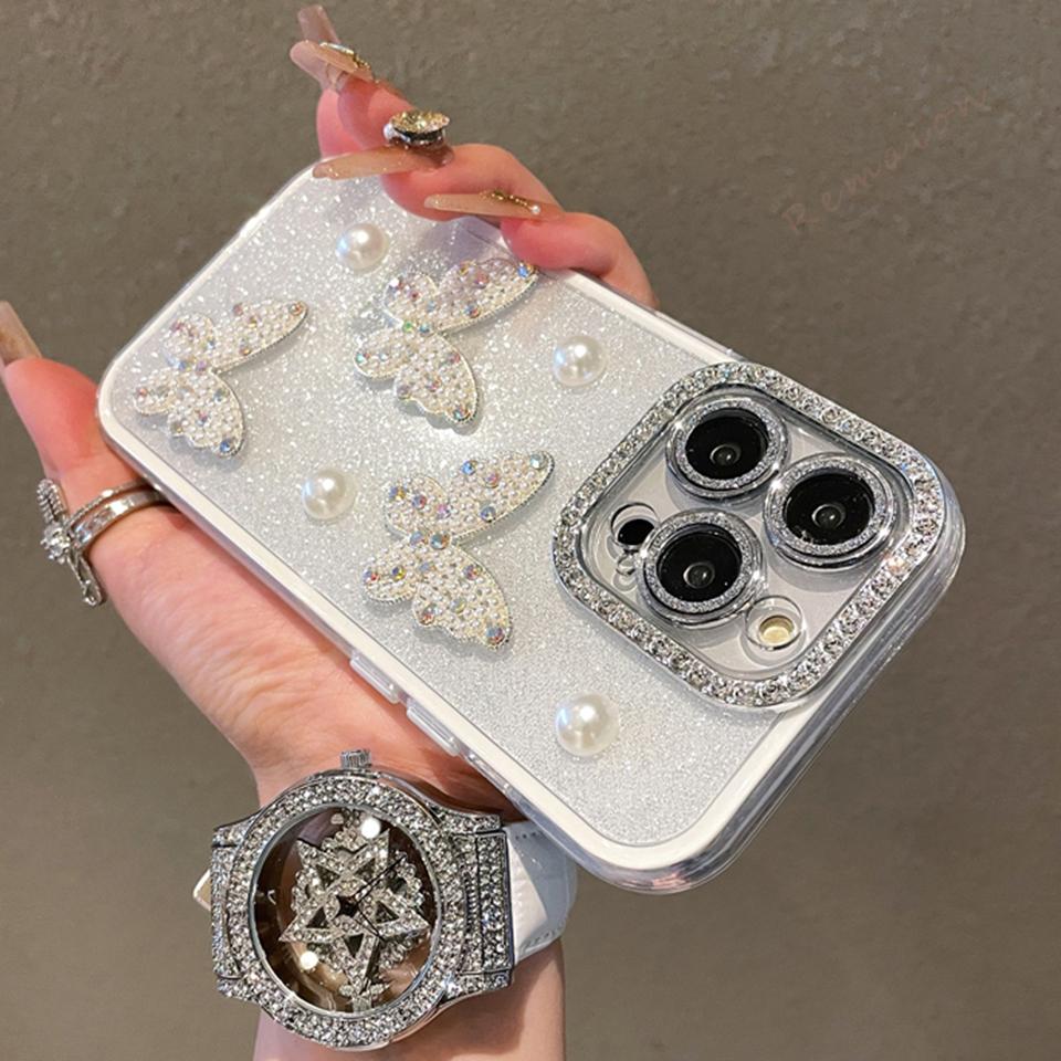 Bling Glitter Pearl Butterfly Silicone Phone Case For iPhone 16 15 14 13 12 11 Pro Max Plus Luxury Protector Shockproof Cover