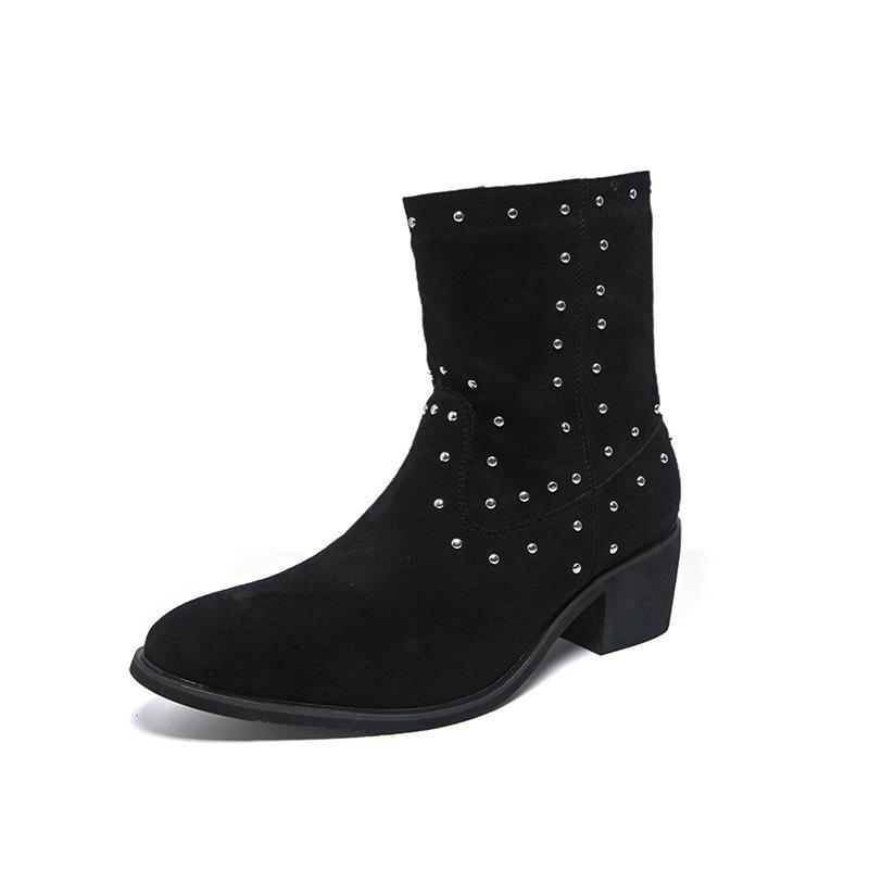 Men's Large Suede Leather Rivet Pointed Toe Ankle Boots - Medium Heel Fashion Knight Boots