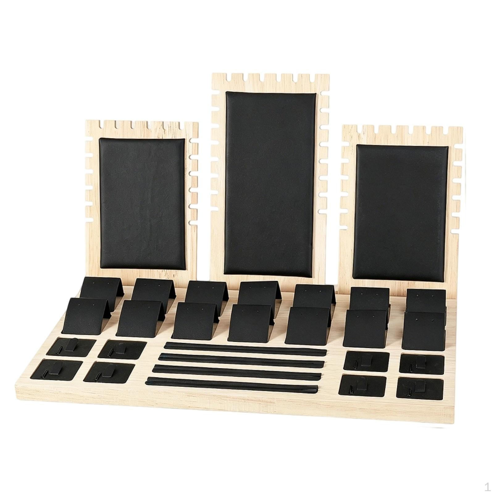 Wood Jewelry Display Rack MultiSection Band and Earring Stand SuedeLike Black Leather SET