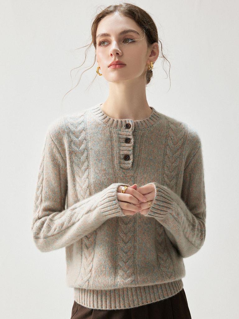 Pull élégant en tricot cachemire pour femme, Automne/Hiver 2026: Col rond, Demi-boutonnage, Coupe ample, Épais et élégant