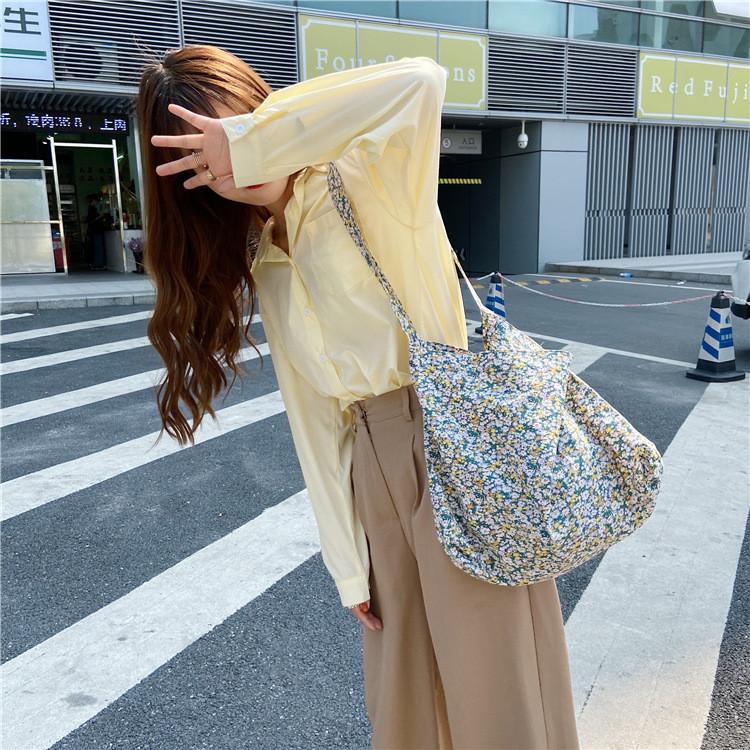 Trendy Korean Style Floral Canvas Tote Bag For Daily Use Medium Size Soft Handle