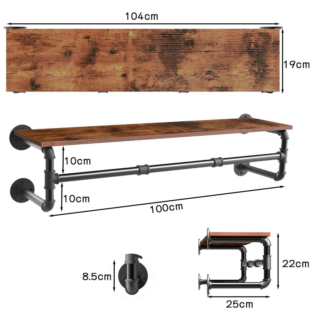 UNHO Eisen Kleiderständer Rohr Kleiderständer mit 100 cm 30 kg Gewichtsanzeige DIY Wandmontage Regal, Breit, Kapazität, Stilvoll, Vintage-inspiriert, Lagerung,