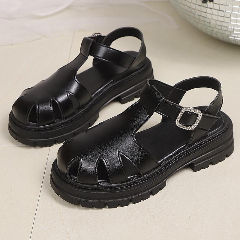 Fashion Black Pu Leather Thick Bottom Rome Sandals Women Summer Closed Toe Platform Sandles Woman Fashion Non Slip Beach Sandalias Mujer