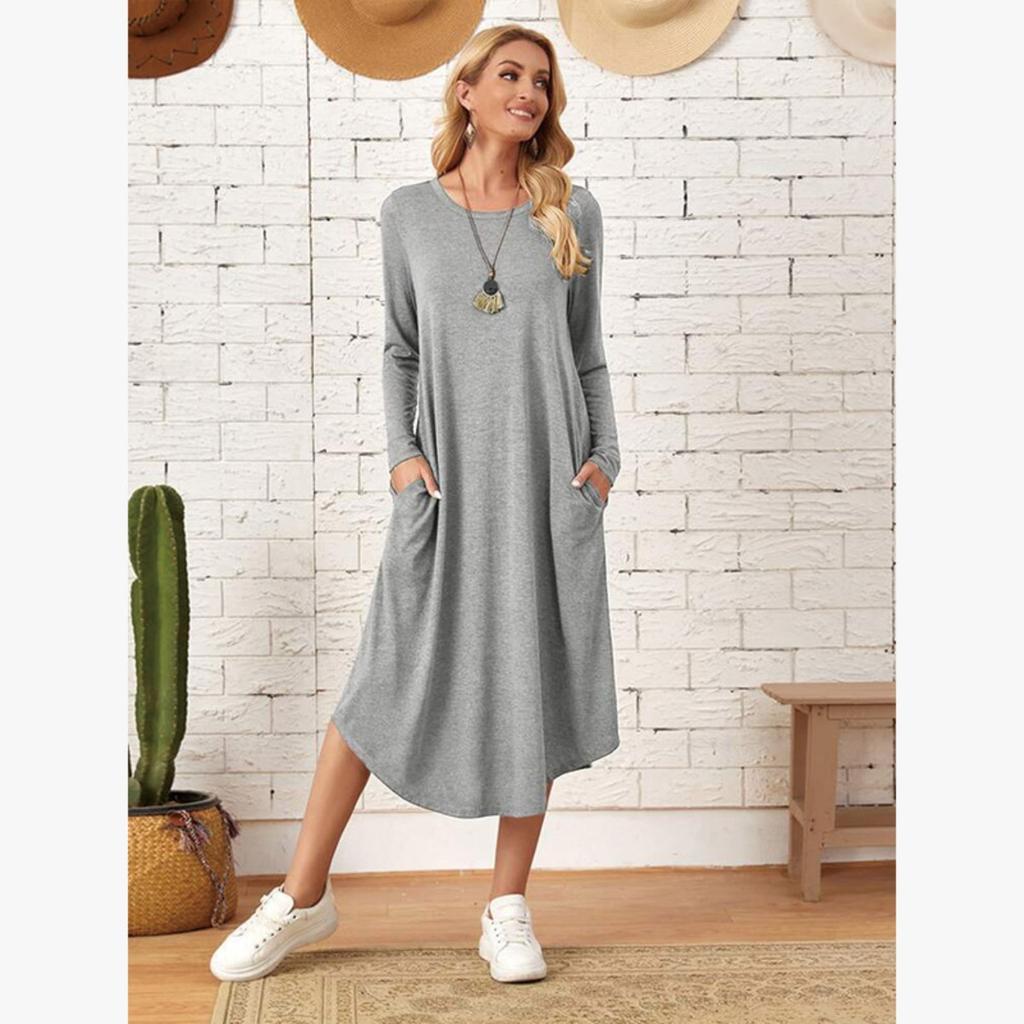 Fall Winter New European American Women's Clothing Solid Color Knit Loose Dress With Side Seam Pockets Curved Hem
