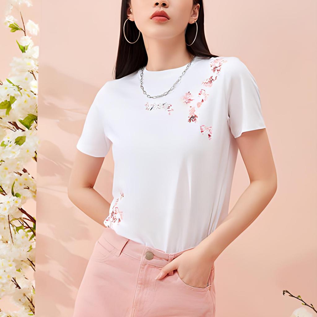 Li Ning Sakura Pattern Round Neck Short Sleeve T-Shirt Women Tops White AHSR626-1