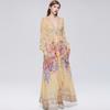 Summer Holiday Gorgeous Flower Beach Dress Women Deep V-Nek Long Sleeve Floral Print High Elastic Waist A-Line Maxi Dress