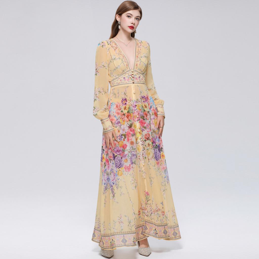 Summer Holiday Gorgeous Flower Beach Dress Women Deep V-Nek Long Sleeve Floral Print High Elastic Waist A-Line Maxi Dress