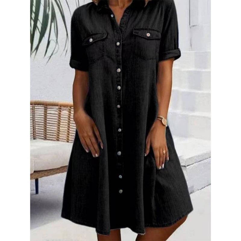 Women‘s Collar Neck Short Sleeve A-Line Midi Dress Denim Solid Casual Plus Gown