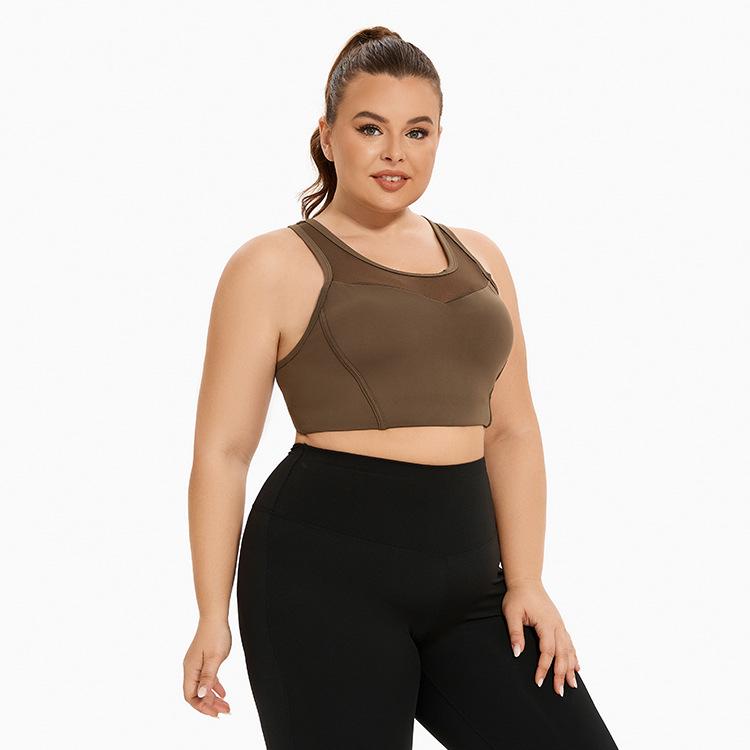 Plus Size Mesh Stitching Sports Bra - Shockproof Women's Running and Yoga Bra with Beautiful Back Design